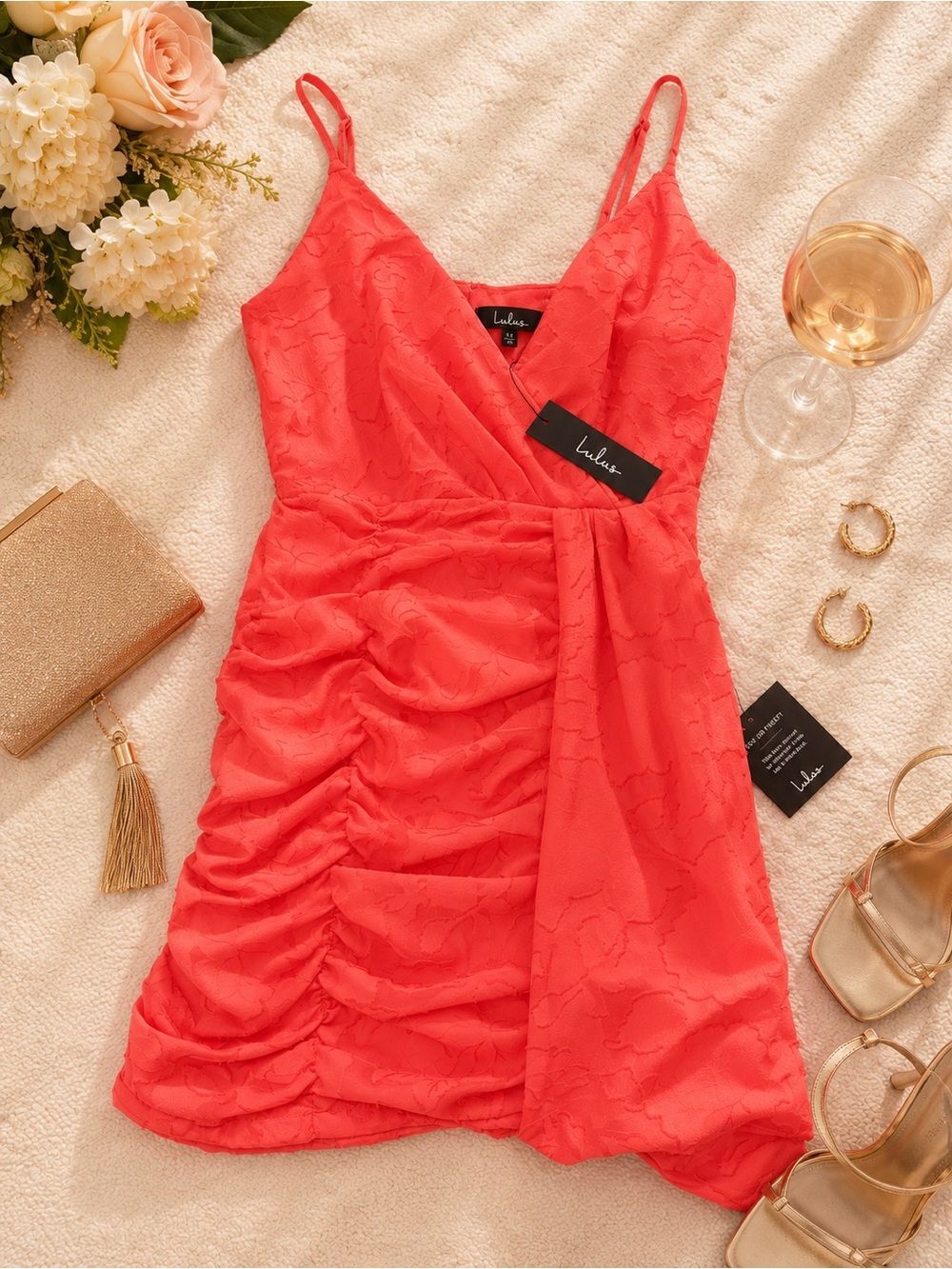 Lulus Primped to Perfection Burnout Ruched Mini Dress NWT Small Coral